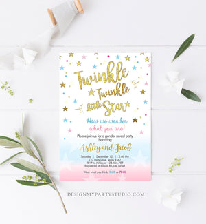 Editable Gender Reveal Invitation Baby Shower Twinkle Twinkle Little Star Blue or Pink He or She Gold Pink Blue Download Corjl Template 0235