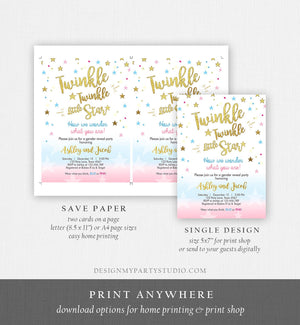 Editable Gender Reveal Invitation Baby Shower Twinkle Twinkle Little Star Blue or Pink He or She Gold Pink Blue Download Corjl Template 0235