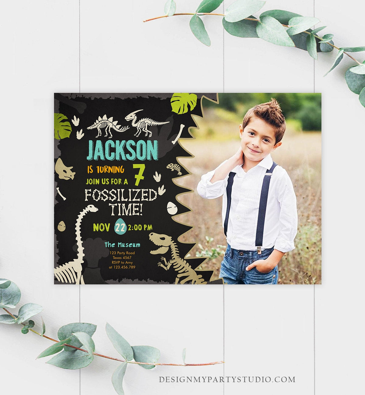 Editable Fossil Birthday Invitation Dino Dig Party Prehistoric Boy Dinosaur Party T-Rex Chalk Digital Download Printable Template Corjl 0269