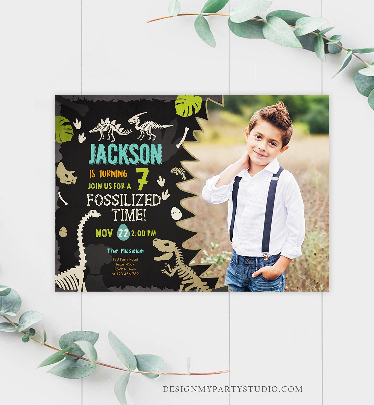 Editable Fossil Birthday Invitation Dino Dig Party Prehistoric Boy Dinosaur Party T-Rex Chalk Digital Download Printable Template Corjl 0269