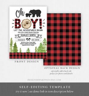 Editable Lumberjack Baby Shower Invitation Baby Boy Buffalo Plaid Rustic Bear Cub Instant Download Printable Template Digital Corjl 0191