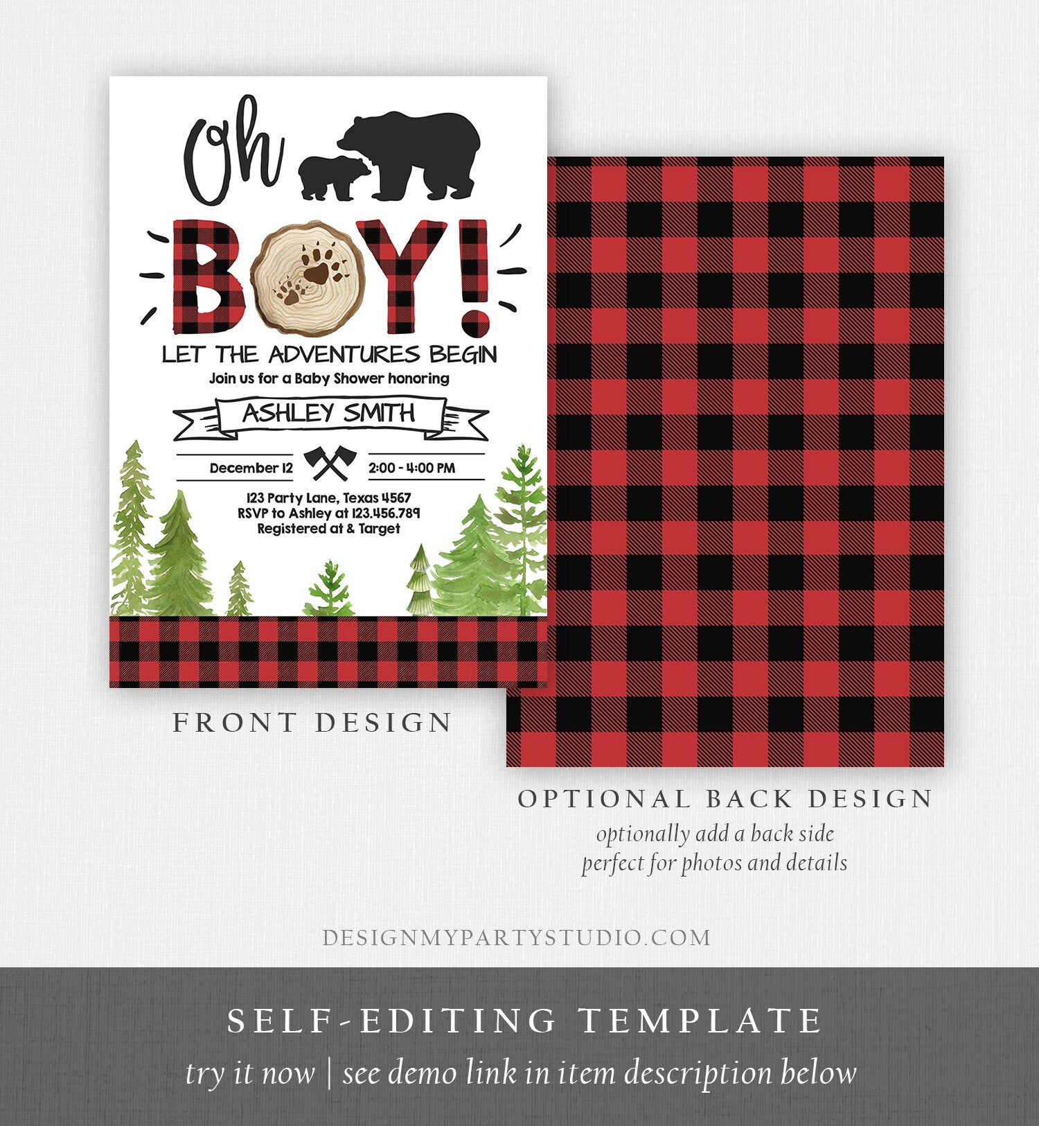 Editable Lumberjack Baby Shower Invitation Baby Boy Buffalo Plaid Rust - Design My Party Studio editable-lumberjack-baby-shower-invitation-baby-boy-buffalo-plaid-rust-design-my-party-studio