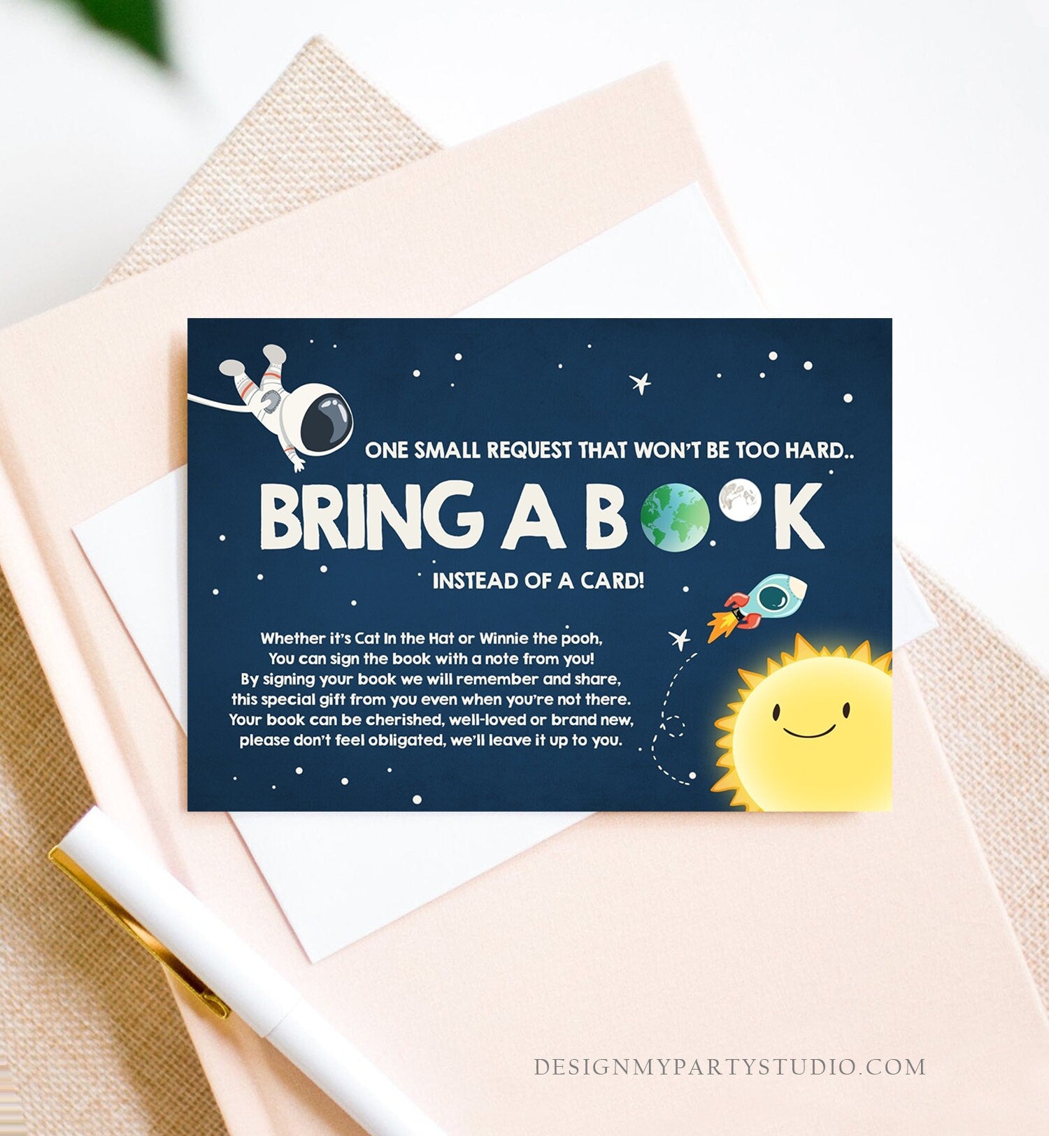Editable Outer Space Bring a Book Card Baby Shower Space Astronaut Around the Sun Baby Sprinkle Boy Rocket Book Insert Corjl Template 0046