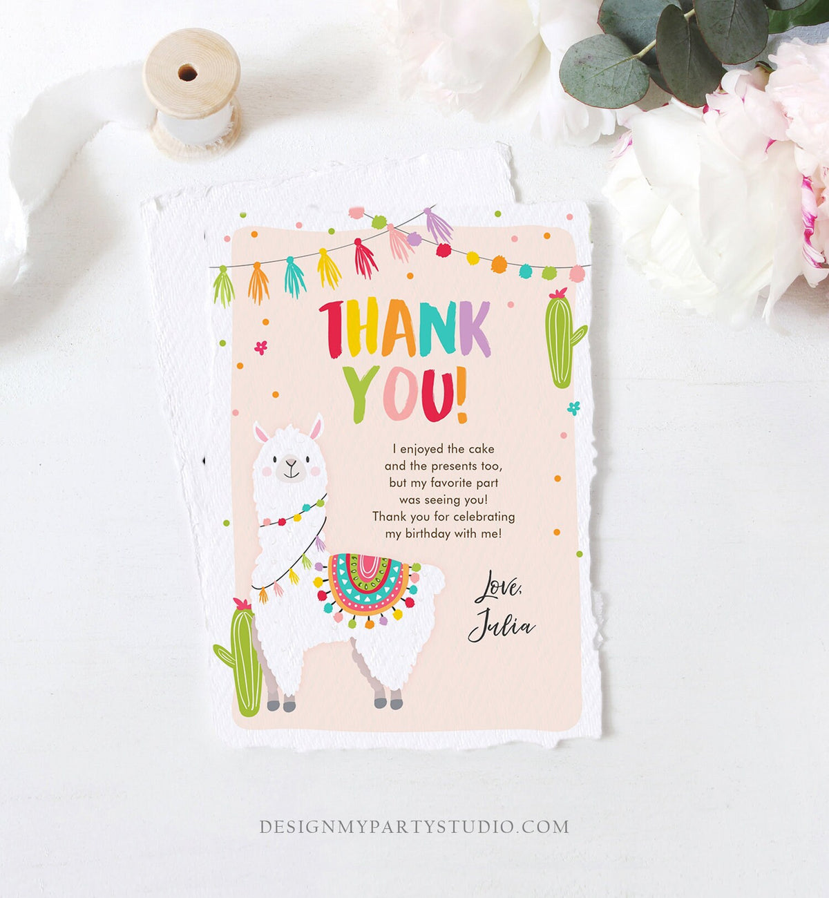 Editable Whole Llama Fun Thank You Card Llama Alpaca Birthday Cactus Girl Pink Fiesta Mexican Party Download Printable Corjl Template 0079