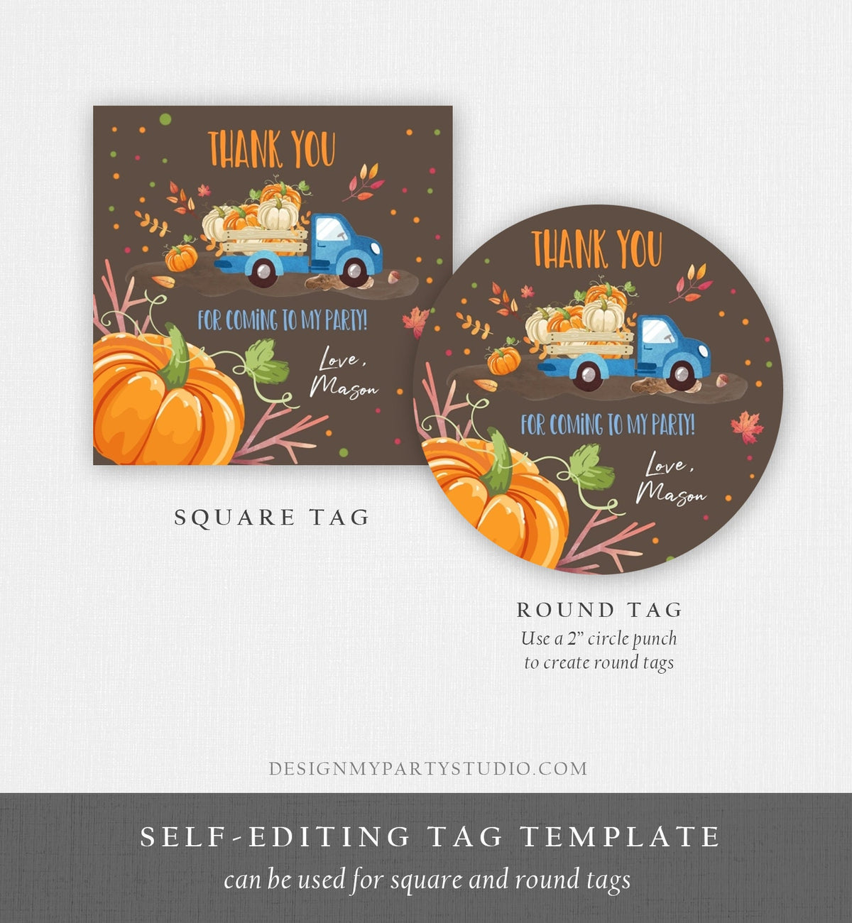 Editable Pumpkin Thank you Tags Pumpkin Truck Stickers Pumpkin Birthday Fall Autumn Blue Brown Boy Favor Tags Template Corjl 0153