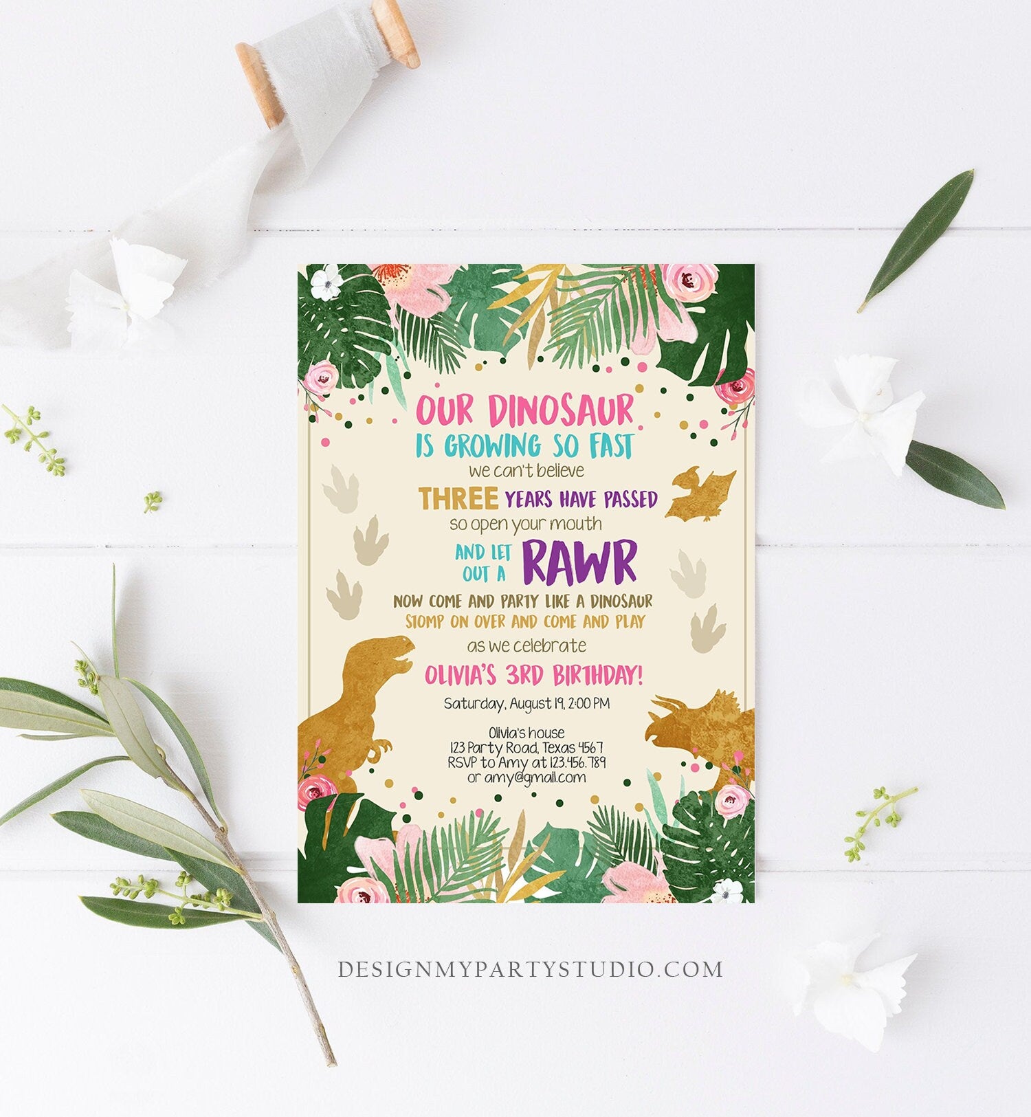 Editable Gold Dinosaur Birthday Invitation ANY AGE Dino Party T-Rex Prehistoric Rawr Girl Pink Gold Download Printable Corjl Template 0388