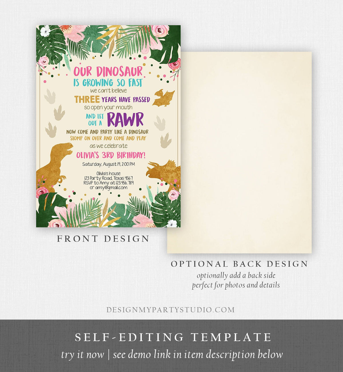 Editable Gold Dinosaur Birthday Invitation ANY AGE Dino Party T-Rex Prehistoric Rawr Girl Pink Gold Download Printable Corjl Template 0388