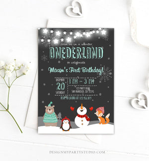 Editable ANY AGE Winter ONEderland Birthday Invitation Woodland Boy Mint Animals Download Printable Invitation Template Digital Corjl 0022