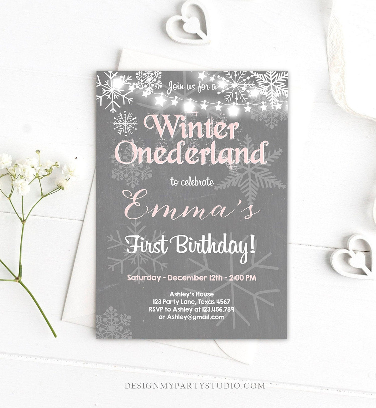 Editable Winter ONEderland Birthday Invitation First Birthday Snowflake Girl Pink Grey Snow Download Printable Invite Template Corjl 0027