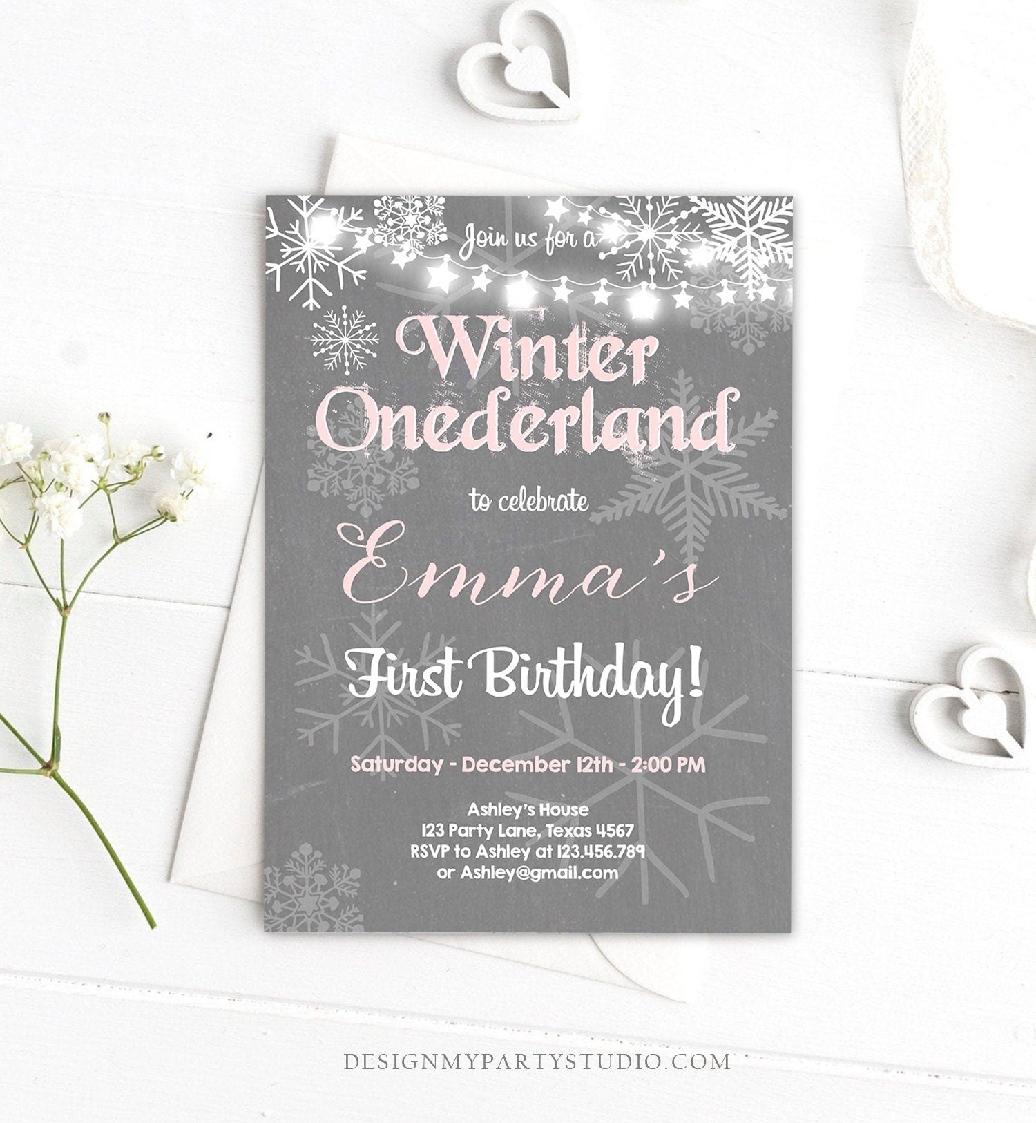 Editable Winter ONEderland Birthday Invitation First Birthday Snowflake Girl Pink Grey Snow Download Printable Invite Template Corjl 0027