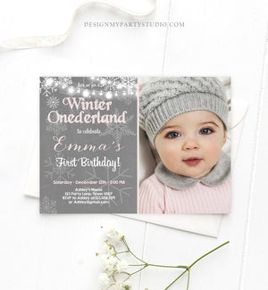 Editable Winter ONEderland Birthday Invitation First Birthday Snowflake Girl Pink Grey Snow Download Printable Invite Template Corjl 0027
