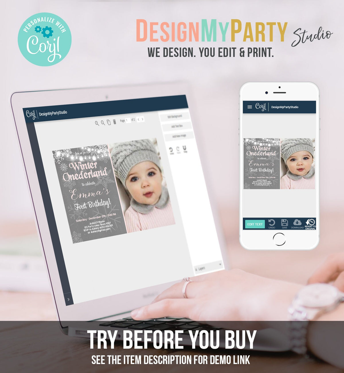 Editable Winter ONEderland Birthday Invitation First Birthday Snowflake Girl Pink Grey Snow Download Printable Invite Template Corjl 0027