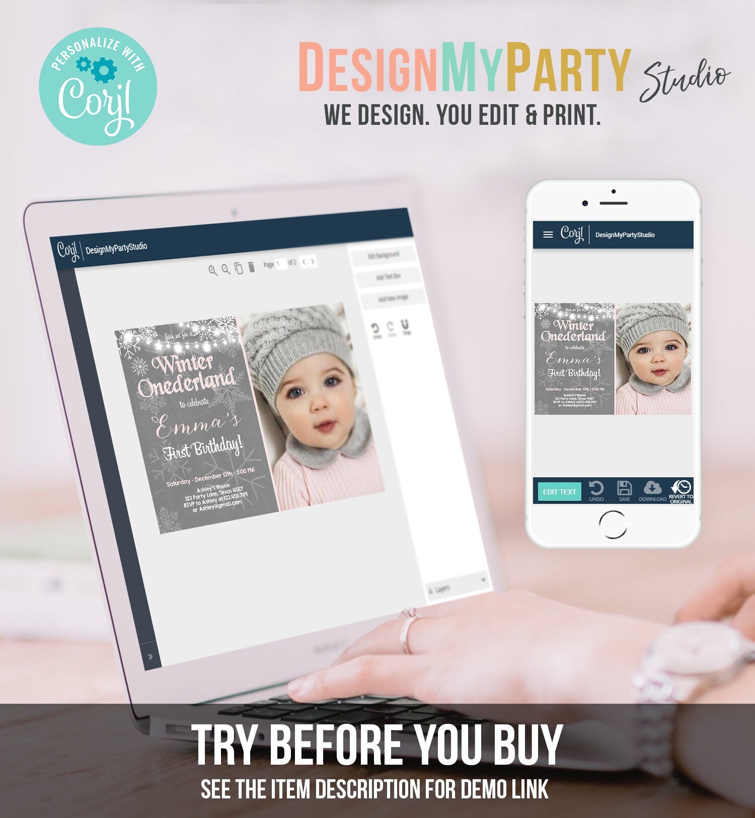 Editable Winter ONEderland Birthday Invitation First Birthday Snowflake Girl Pink Grey Snow Download Printable Invite Template Corjl 0027