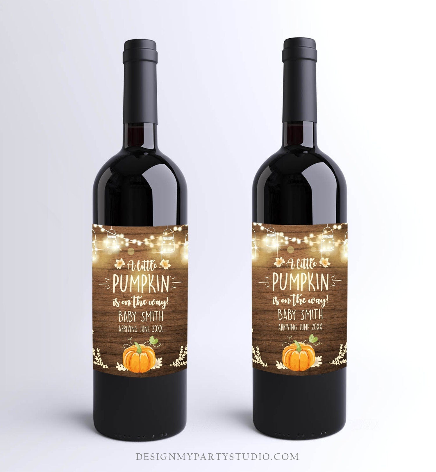 Editable Wine Bottle Labels Pregnancy Reveal Our Little Pumpkin Rustic Wood String Lights Wine Label Baby Announcement Corjl Template 0015