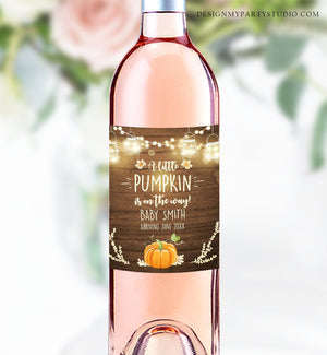 Editable Wine Bottle Labels Pregnancy Reveal Our Little Pumpkin Rustic Wood String Lights Wine Label Baby Announcement Corjl Template 0015