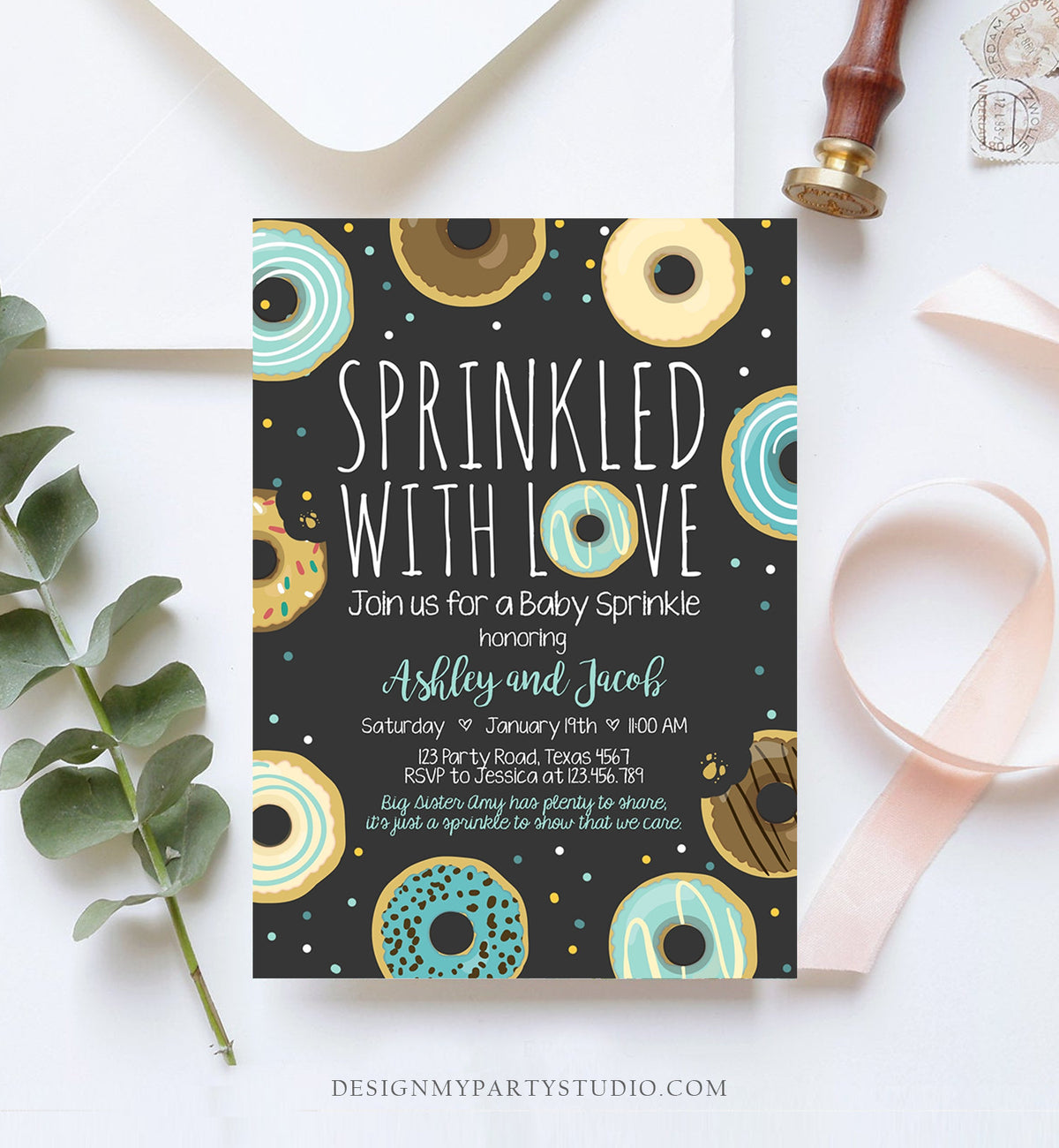 Editable Donut Sprinkle Invitation Sprinkled With Love Coed Shower Gender Neutral Blue Boy Digital Download Printable Corjl Template 0050