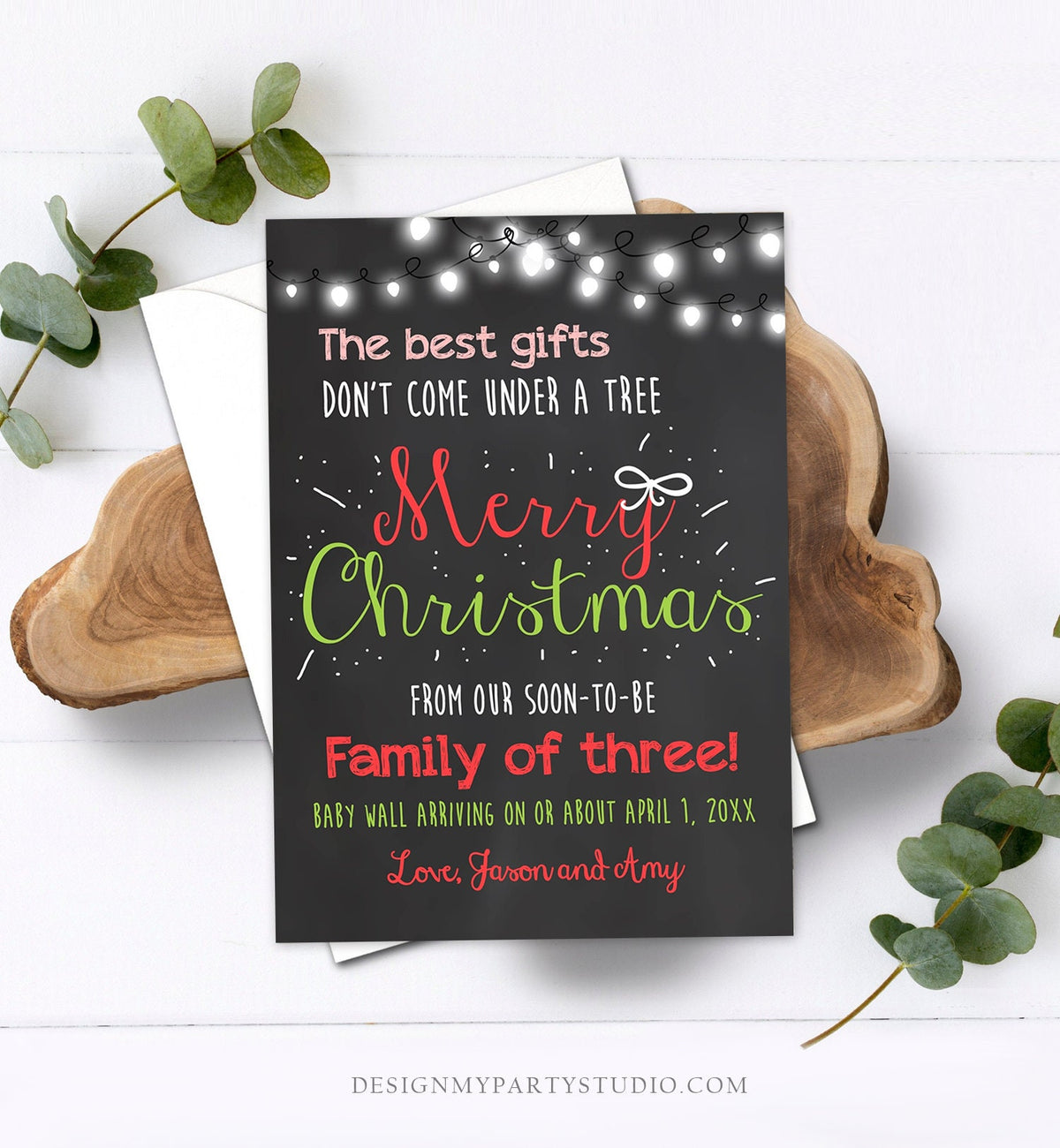 Editable Christmas Pregnancy Announcement Merry Christmas Baby Reveal Family of Three Instant Download Printable Corjl Template
