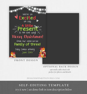 Editable Christmas Pregnancy Announcement Merry Christmas Baby Reveal Family of Three A Little Present On the Way Printable Corjl Template