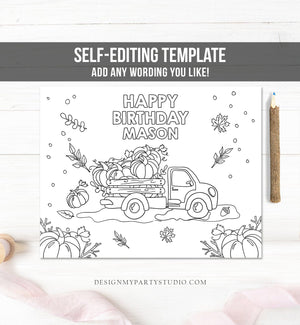 Editable Coloring Page Pumpkin Truck Birthday Party Activity Game Pumpkin Birthday Fall Autumn Party Instant Download PRINTABLE Corjl 0153