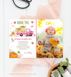 Editable Pumpkin Birthday Thank You Card Girls Fall Girl Pumpkin Truck Birthday Party Pink Orange Download Printable Template Corjl 0153