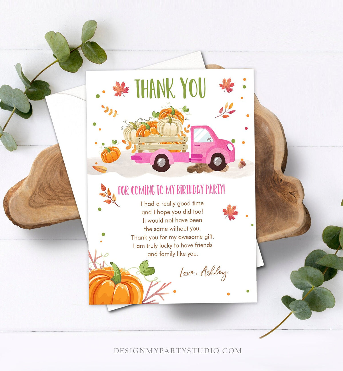 Editable Pumpkin Birthday Thank You Card Girls Fall Girl Pumpkin Truck Birthday Party Pink Orange Download Printable Template Corjl 0153