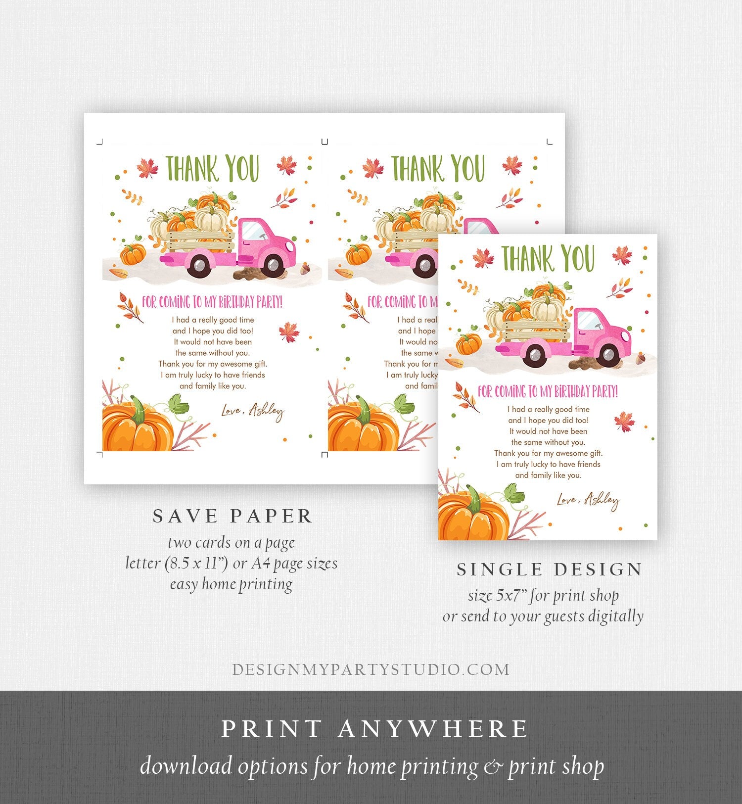 Editable Pumpkin Birthday Thank You Card Girls Fall Girl Pumpkin Truck Birthday Party Pink Orange Download Printable Template Corjl 0153