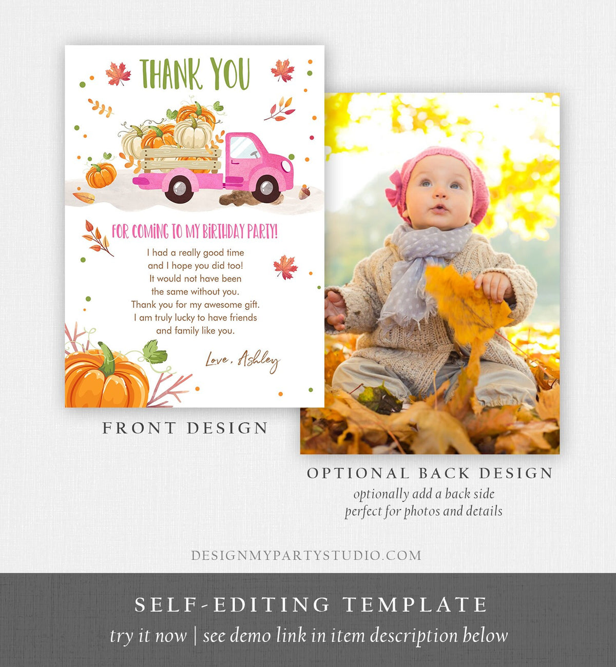 Editable Pumpkin Birthday Thank You Card Girls Fall Girl Pumpkin Truck Birthday Party Pink Orange Download Printable Template Corjl 0153