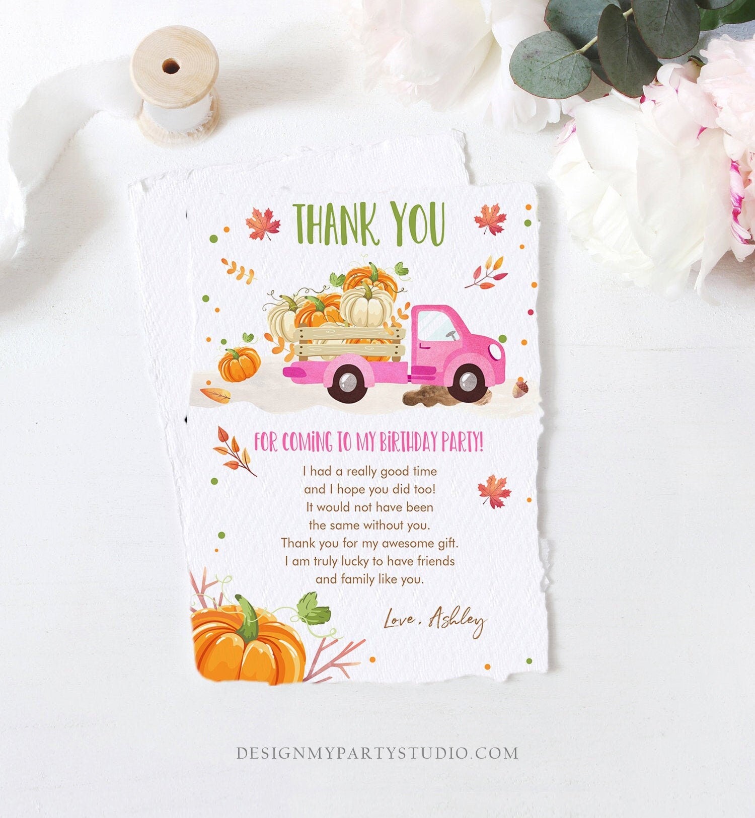 Editable Pumpkin Birthday Thank You Card Girls Fall Girl Pumpkin Truck Birthday Party Pink Orange Download Printable Template Corjl 0153