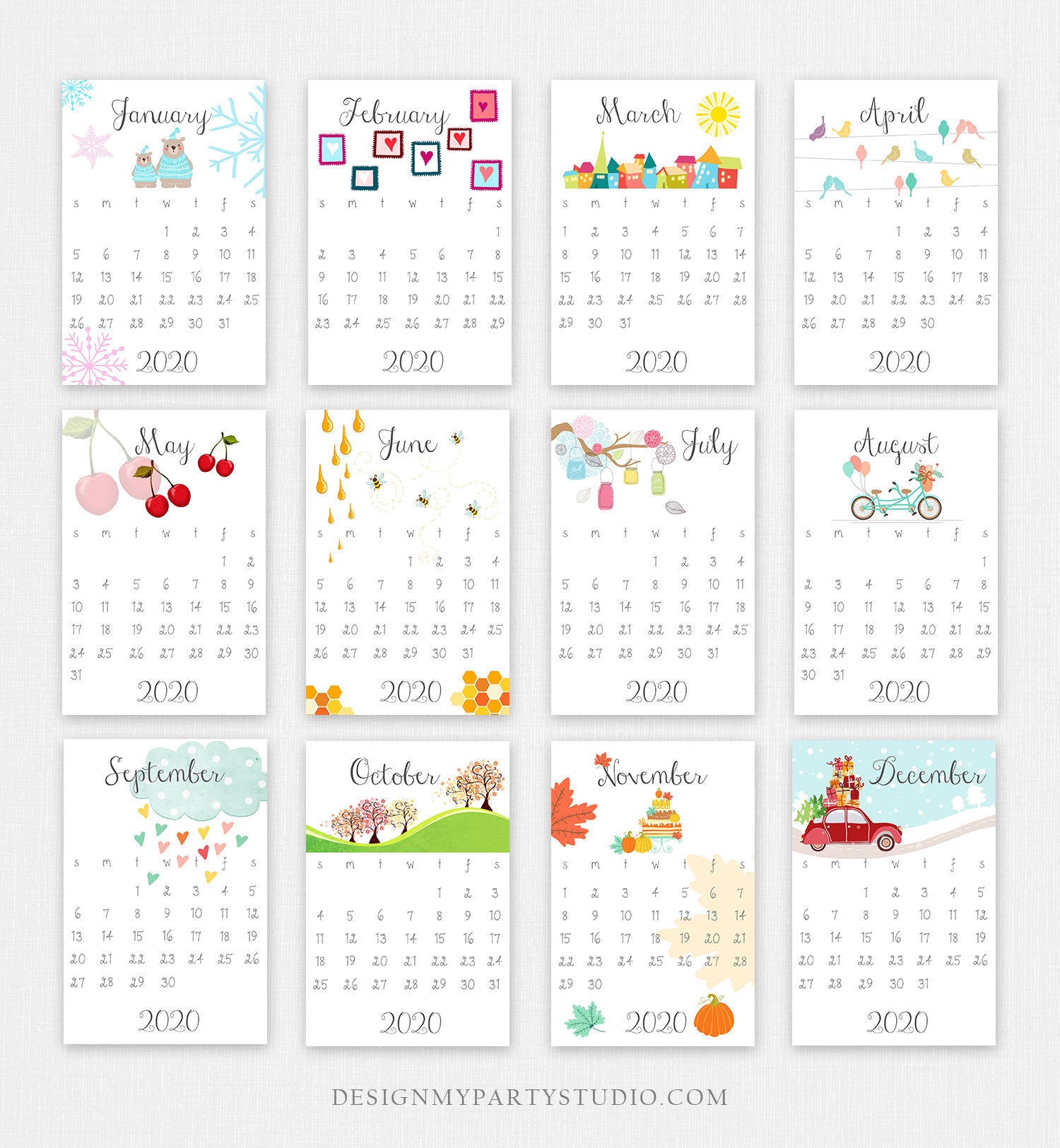 PRINTABLE 2020 Calendar Wall Calendar Desk Calendar Classroom School C - Design My Party Studio printable-2020-calendar-wall-calendar-desk-calendar-classroom-school-c-design-my-party-studio
