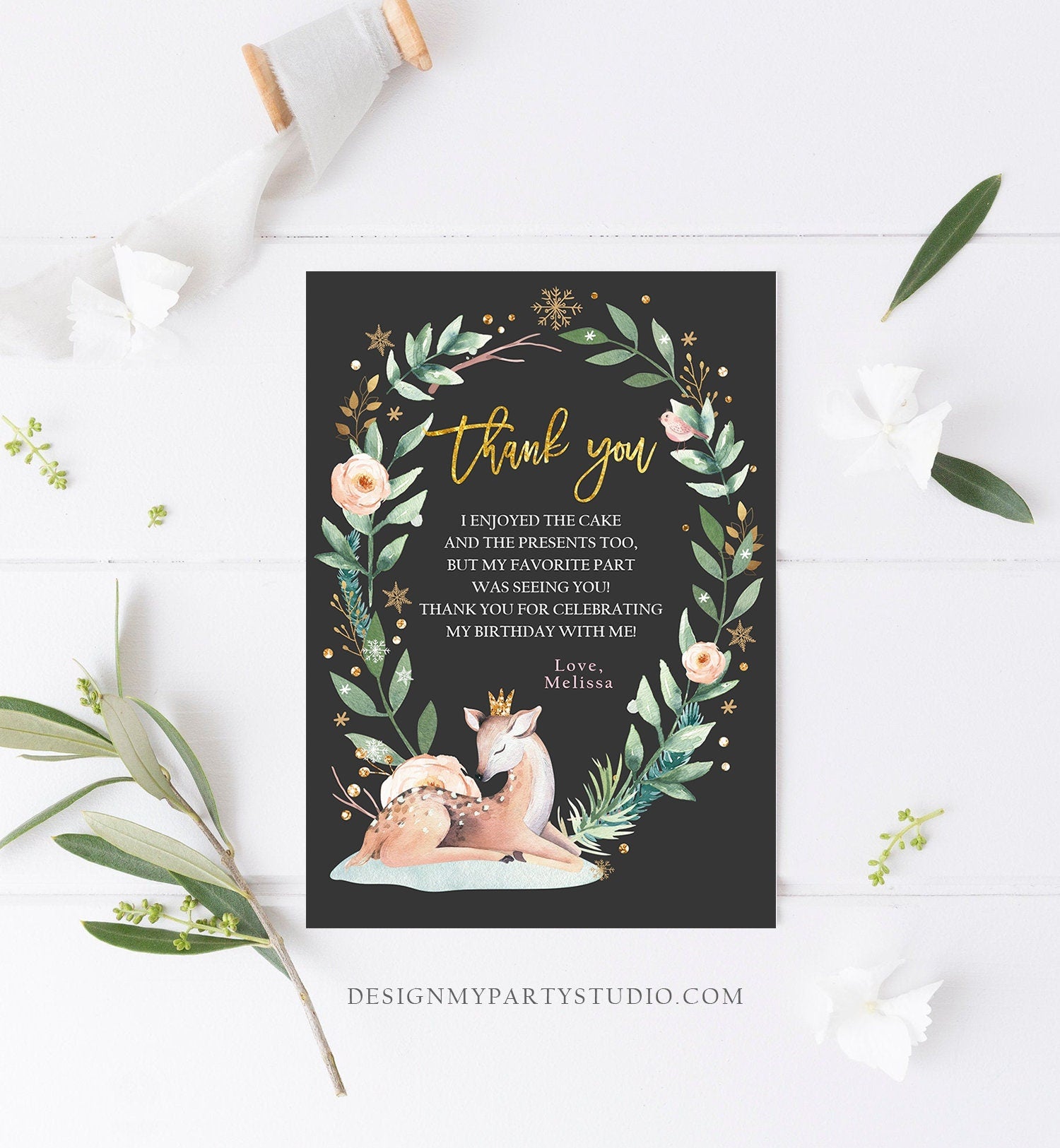 Editable Winter Thank You Card Winter Woodland Birthday Thank you note Snowflakes Pink Gold Girl Deer Template Instant Download Corjl 0265