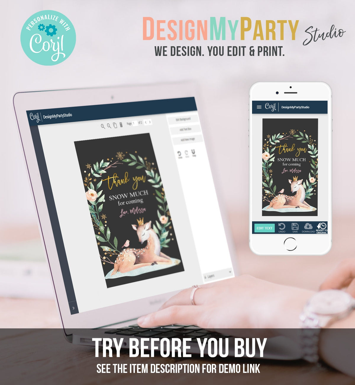 Editable Winter Birthday Favor Tags Pink Girl Snowflakes Thank You Snow much Winter Onederland Deer Shower Template PRINTABLE Corjl 0265