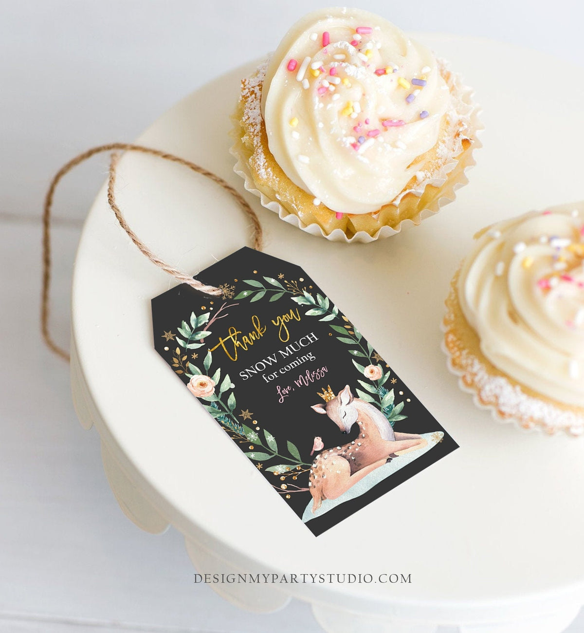 Editable Winter Birthday Favor Tags Pink Girl Snowflakes Thank You Snow much Winter Onederland Deer Shower Template PRINTABLE Corjl 0265