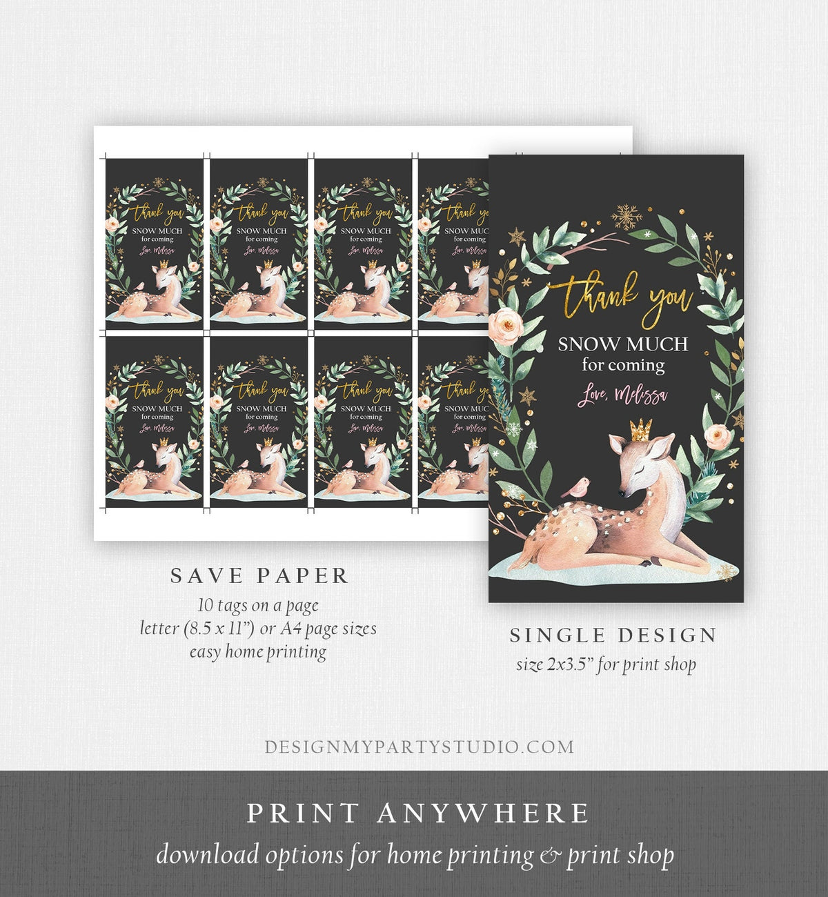 Editable Winter Birthday Favor Tags Pink Girl Snowflakes Thank You Snow much Winter Onederland Deer Shower Template PRINTABLE Corjl 0265