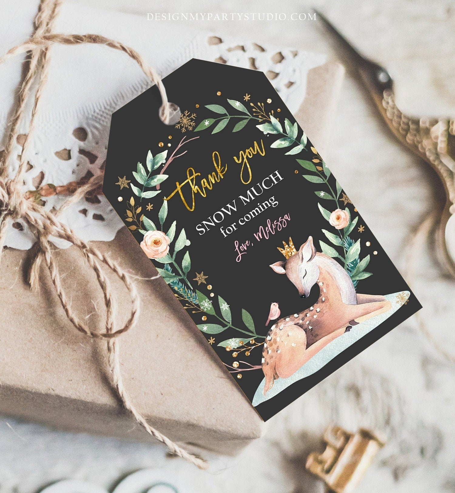 Editable Winter Birthday Favor Tags Pink Girl Snowflakes Thank You Snow much Winter Onederland Deer Shower Template PRINTABLE Corjl 0265