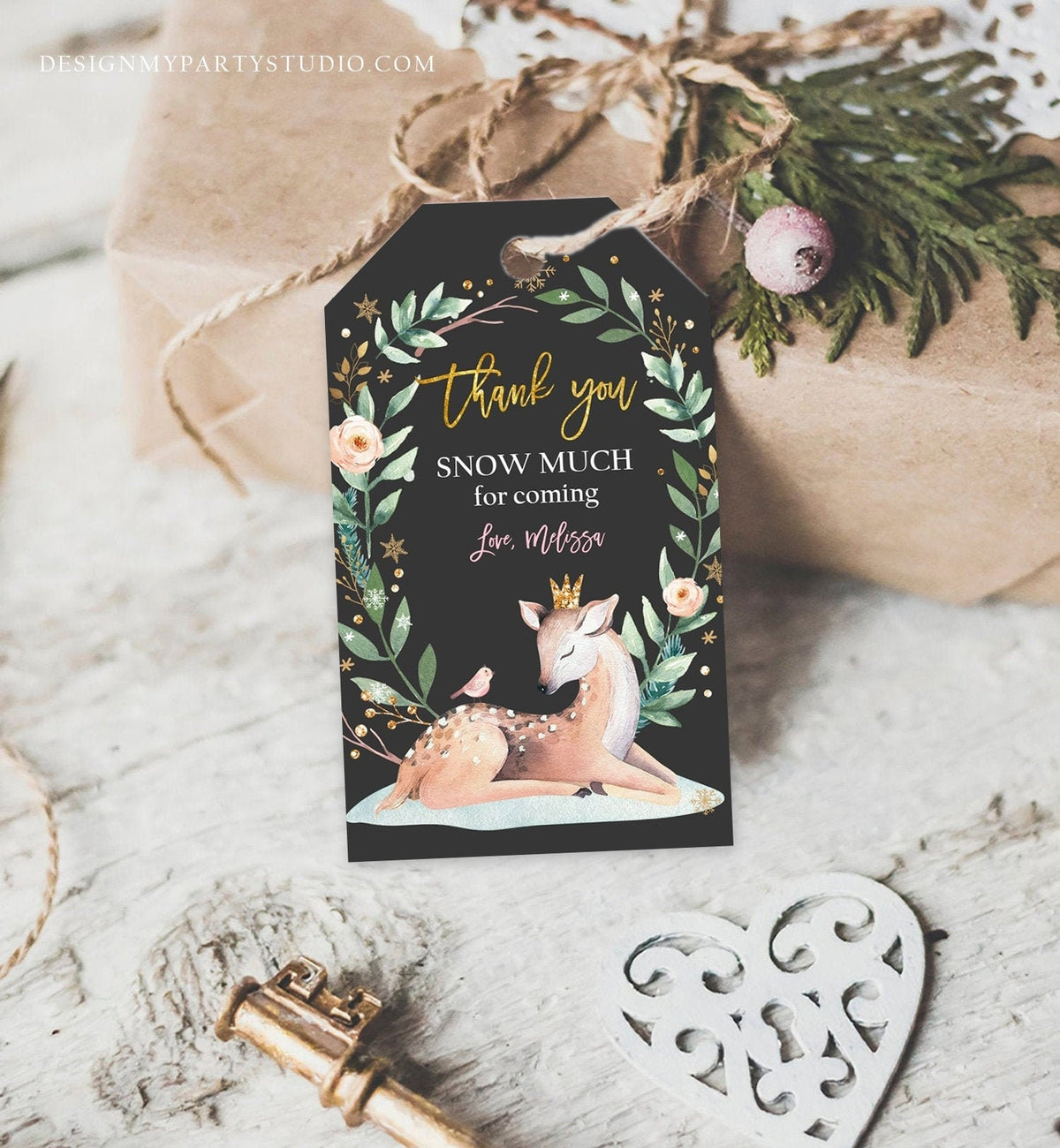 Editable Winter Birthday Favor Tags Pink Girl Snowflakes Thank You Snow much Winter Onederland Deer Shower Template PRINTABLE Corjl 0265