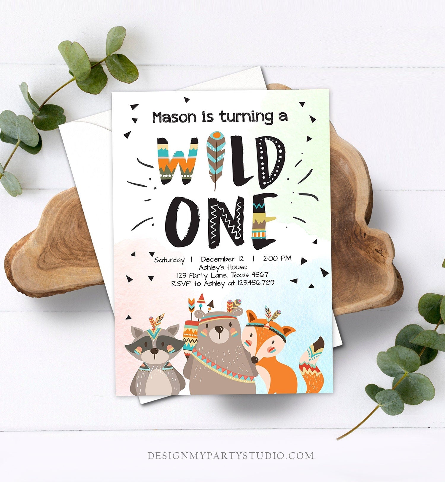 Editable Woodland Tribal Wild One First Birthday Invitation Bear Woodland Animals Boy Instant Download Printable Template Corjl Digital 0061