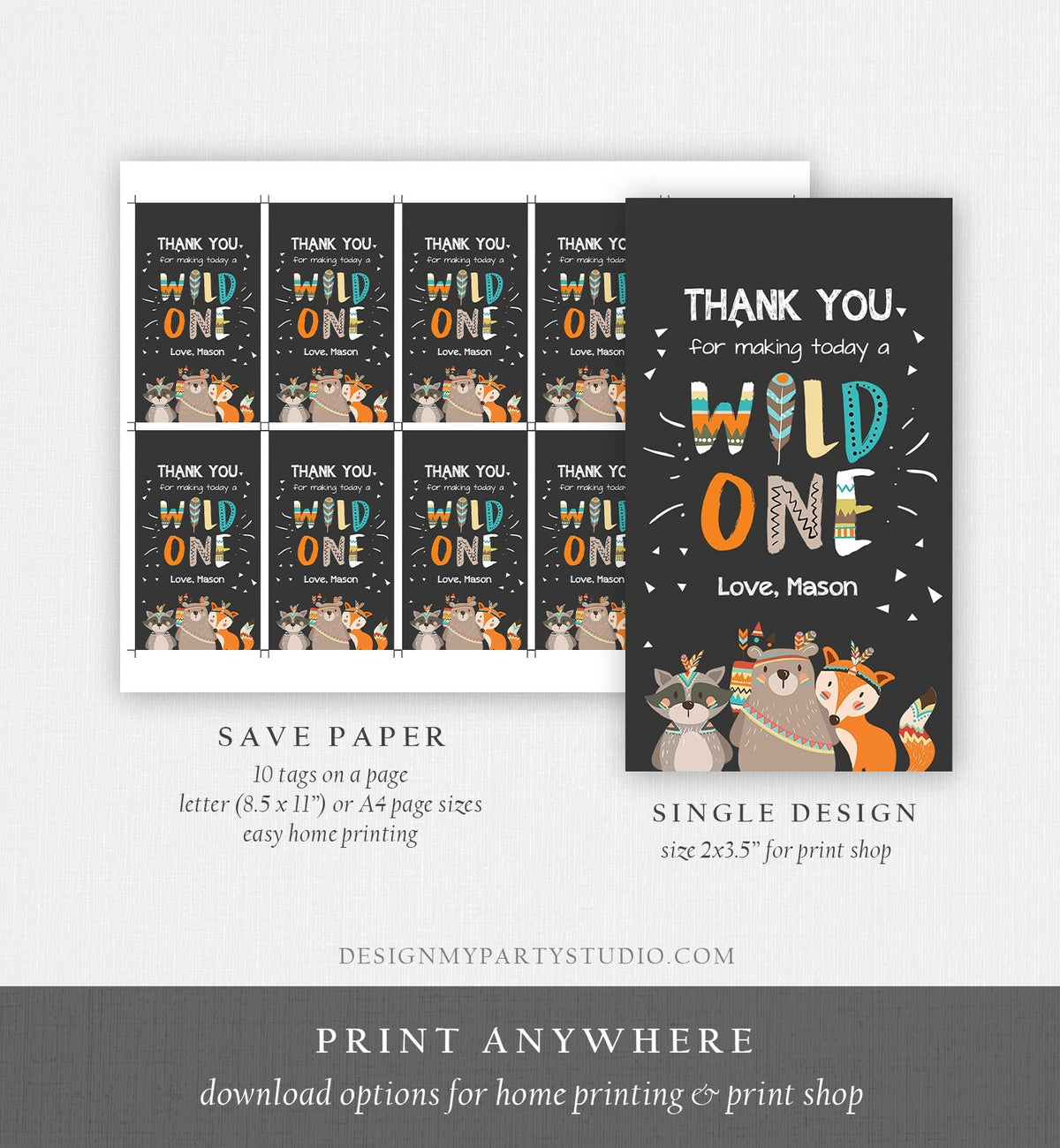 Editable Wild One Favor Tags Tags Tribal Woodland Birthday Thank you tags Woodland Animals Bear Boho Wild One Template Corjl PRINTABLE 0061