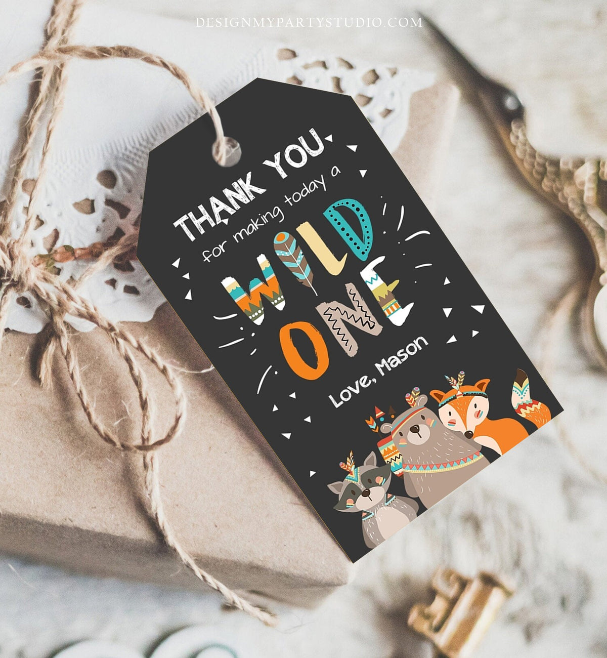 Editable Wild One Favor Tags Tags Tribal Woodland Birthday Thank you tags Woodland Animals Bear Boho Wild One Template Corjl PRINTABLE 0061