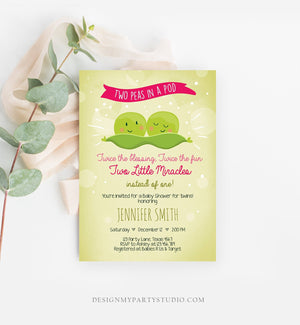 Editable Twin Baby Shower Invitation Girls Two Peas In a Pod Baby Shower Pink Twins Invitation Template Download Digital Corjl 0020
