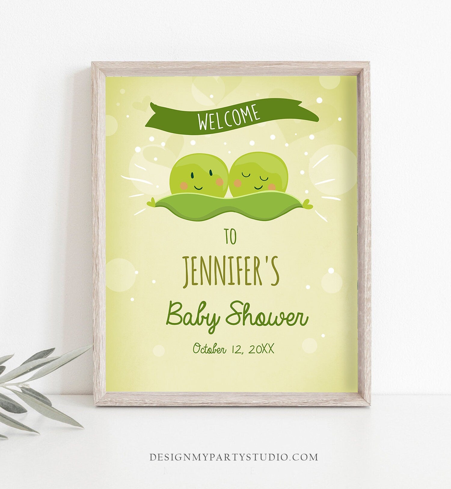 Editable Peas in a Pod Welcome Sign Twin Baby Shower Welcome Personalized Baby Sprinkle Sweet Pea Theme Gender Neutral Corjl Template 0020
