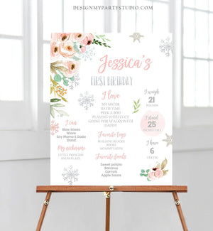 Editable Winter Birthday Milestones Sign Winter Onederland First Birthday Girl Pink Silver Snowflakes Floral Corjl Template Printable 0184