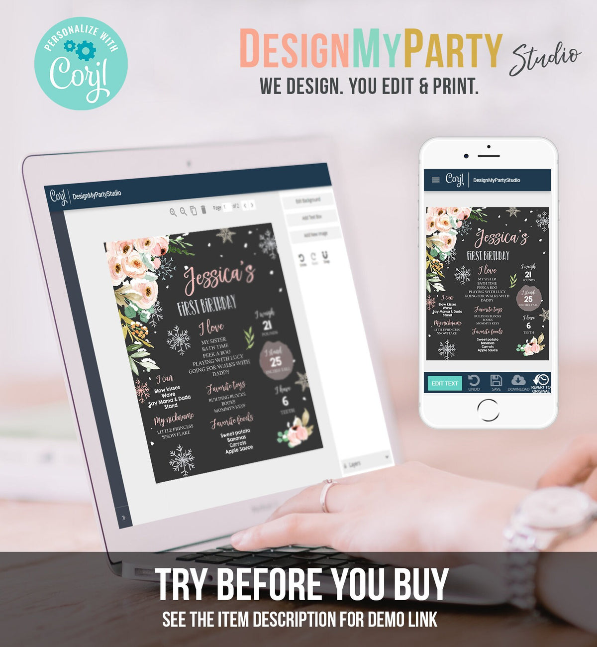 Editable Winter Birthday Milestones Sign Winter Onederland First Birthday Girl Pink Silver Snowflakes Floral Corjl Template Printable 0184