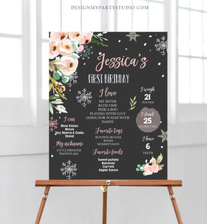 Editable Winter Birthday Milestones Sign Winter Onederland First Birthday Girl Pink Silver Snowflakes Floral Corjl Template Printable 0184