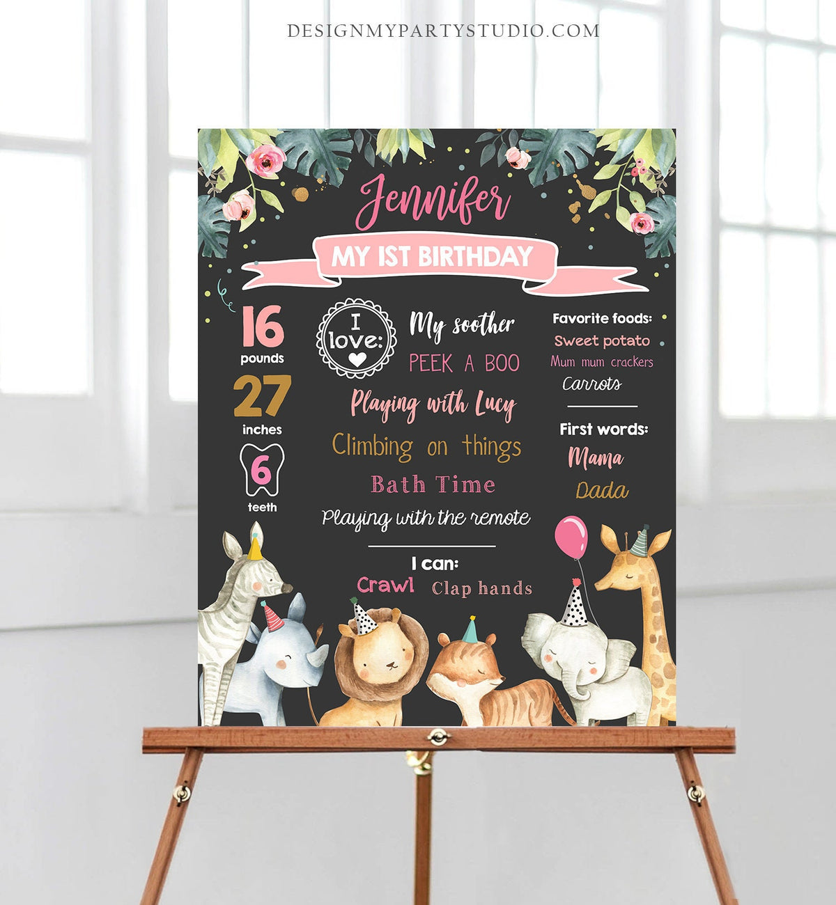 Editable Safari Animals Birthday Milestones Sign Pink and Gold Girl Birthday Zoo Jungle 1st Birthday Download Template Printable Corjl 0163