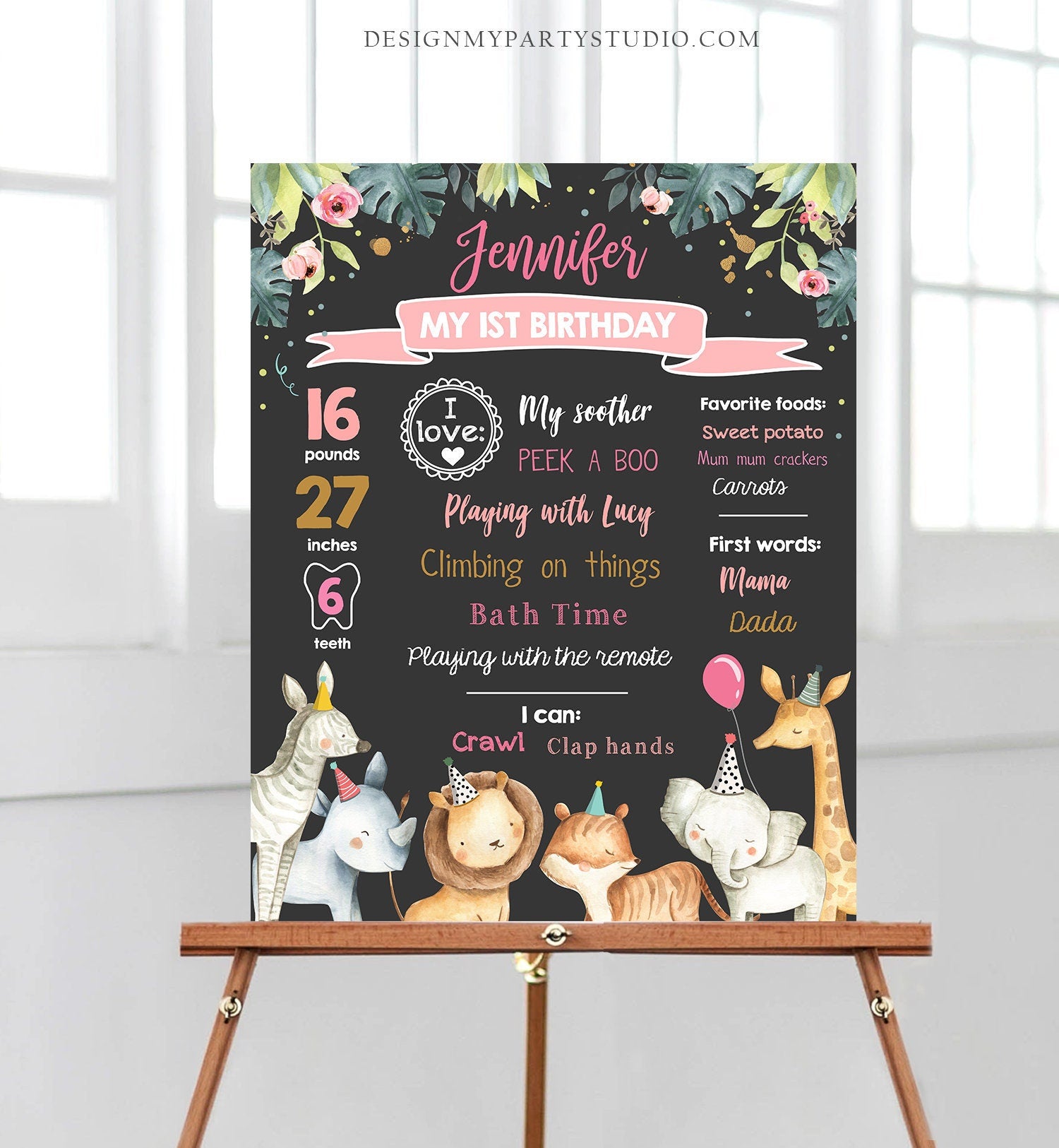 Editable Safari Animals Birthday Milestones Sign Pink and Gold Girl Birthday Zoo Jungle 1st Birthday Download Template Printable Corjl 0163