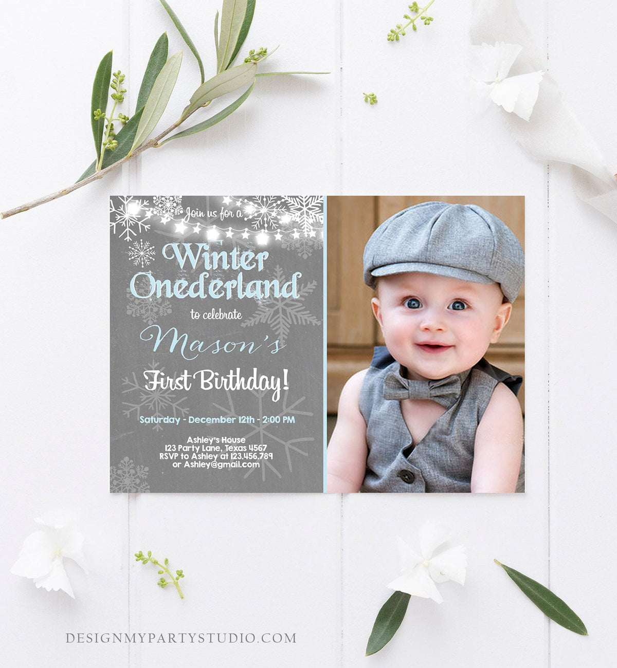 Editable Winter ONEderland Birthday Invitation First Birthday Snowflake Boy Blue Lights Download Printable Invitation Template Corjl 0027