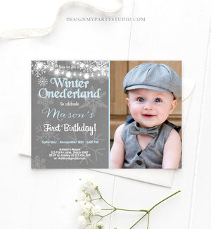 Editable Winter ONEderland Birthday Invitation First Birthday Snowflake Boy Blue Lights Download Printable Invitation Template Corjl 0027