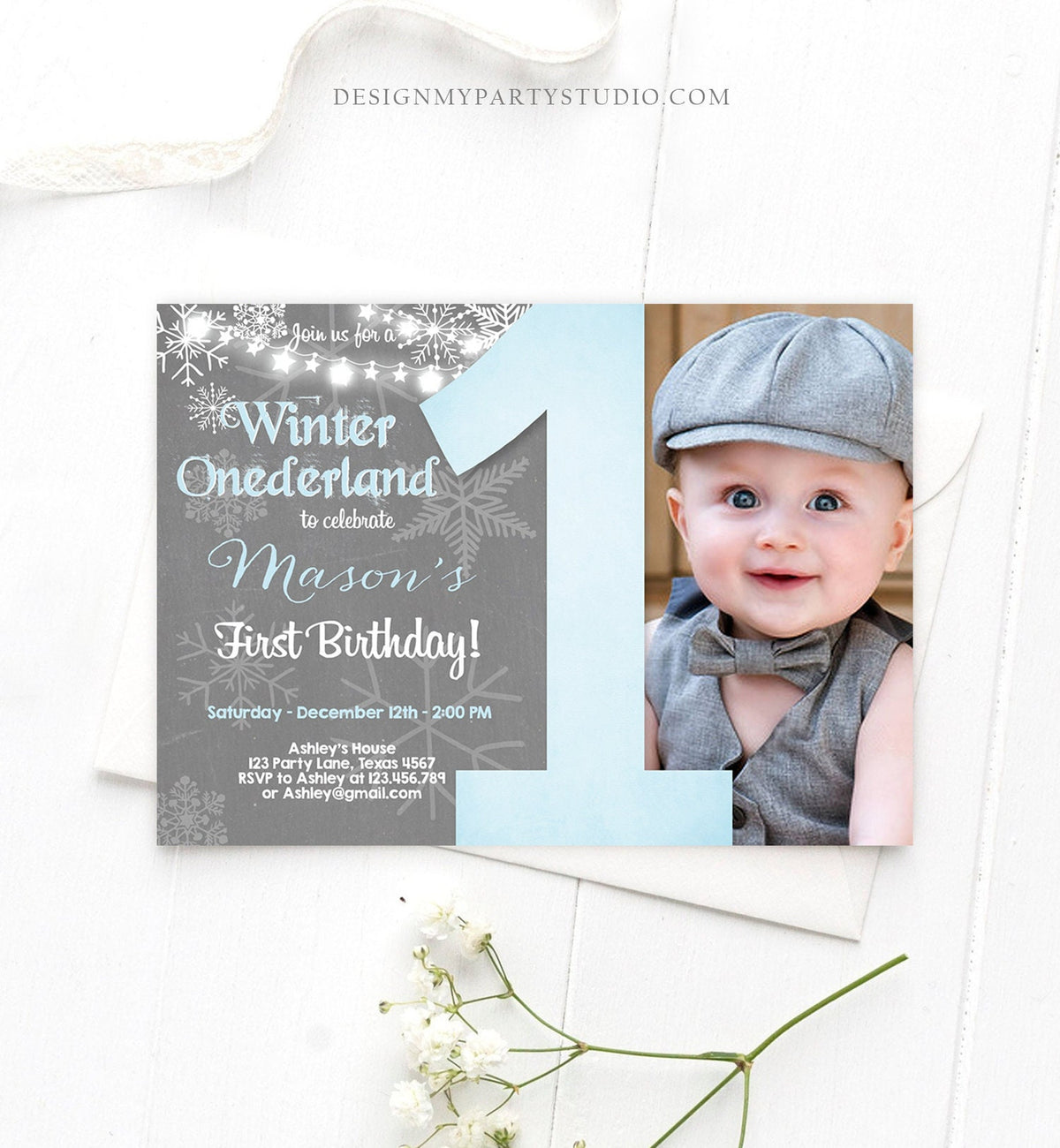 Editable Winter ONEderland Birthday Invitation First Birthday Snowflake Boy Blue Lights Download Printable Invitation Template Corjl 0027