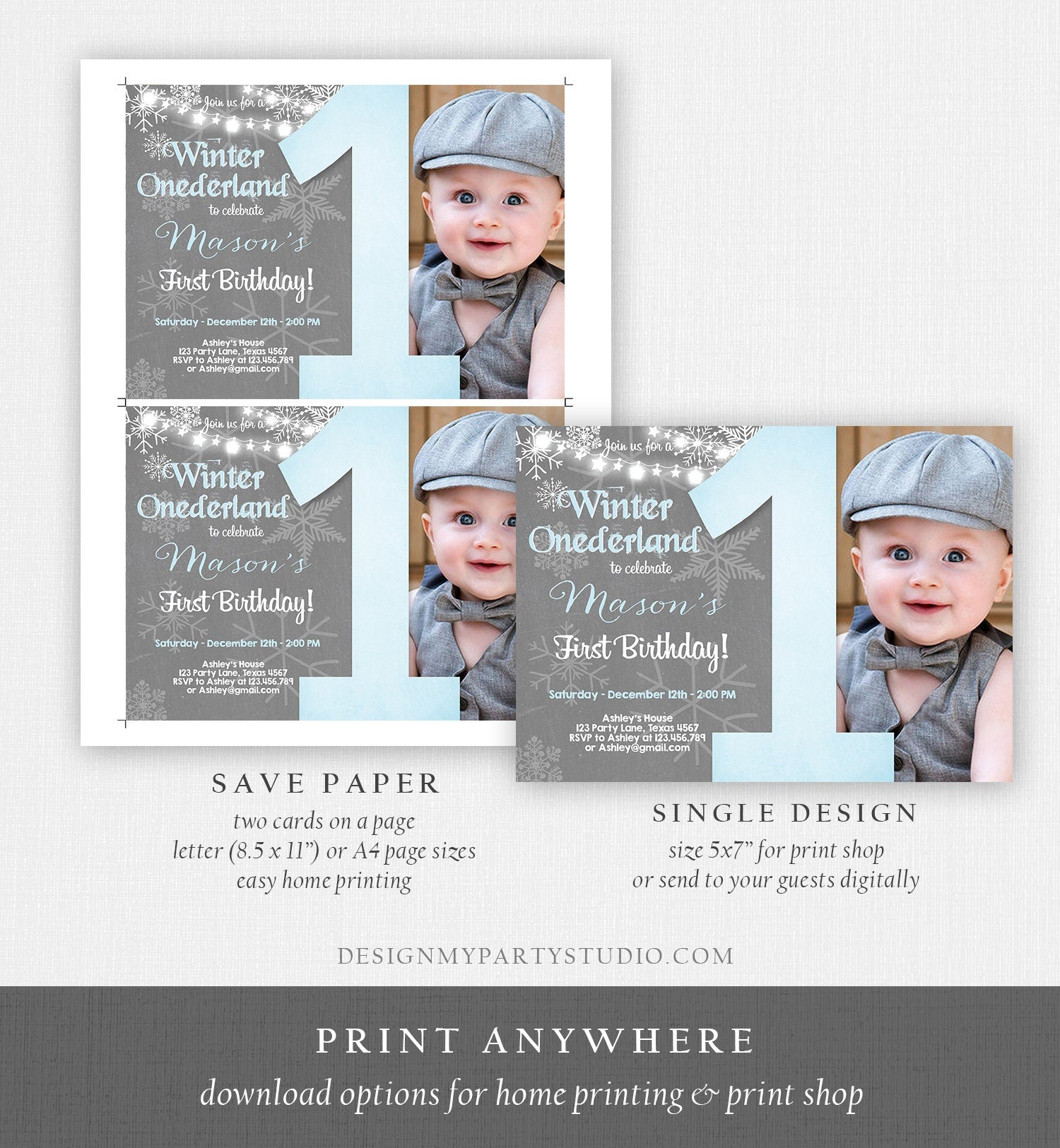 Editable Winter ONEderland Birthday Invitation First Birthday Snowflake Boy Blue Lights Download Printable Invitation Template Corjl 0027