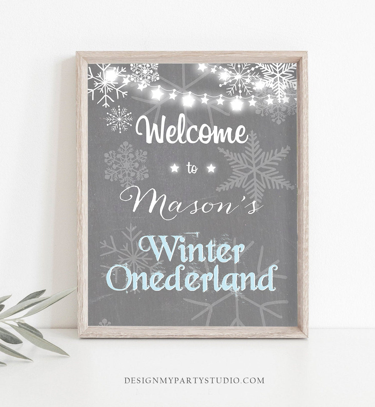 Editable Winter Onederland Welcome Sign Winter Welcome Sign Birthday Boy Blue and Grey Snowflakes Snow Template PRINTABLE Corjl 0027